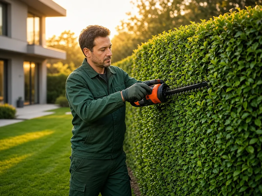 Hausmeister in grüner Arbeitskleidung beim Schneiden einer Hecke vor einem modernen, gepflegten Wohnhaus