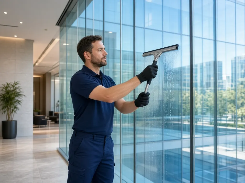 Reinigungskraft in dunkelblauer Uniform reinigt eine große Glasfassade in einer modernen Büro-Lobby